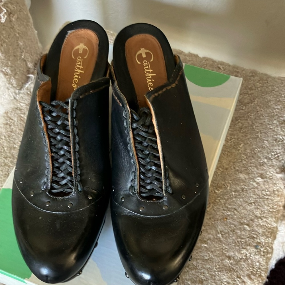 Black Leather Mules with Braided Detail